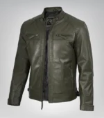 Olive green men’s leather motorcycle jacket with quilted shoulders
