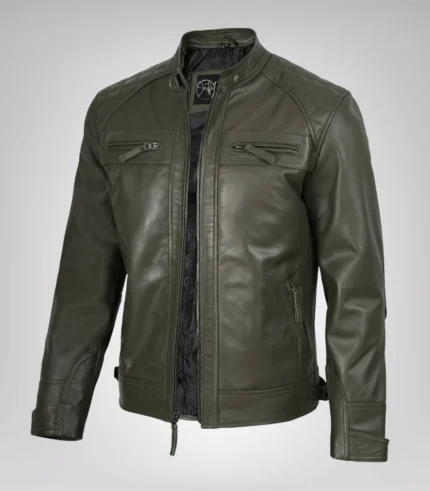 Olive green men’s leather motorcycle jacket with quilted shoulders