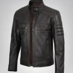 Men’s distressed brown leather motorcycle jacket in biker design