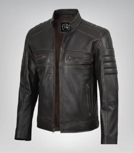 Men’s distressed brown leather motorcycle jacket in biker design