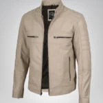 Men’s beige leather biker jacket with mandarin collar