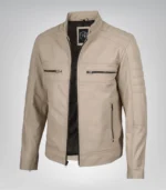 Men’s beige leather biker jacket with mandarin collar