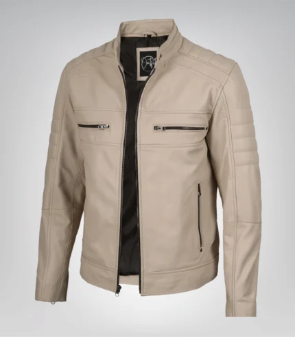 Men’s beige leather biker jacket with mandarin collar