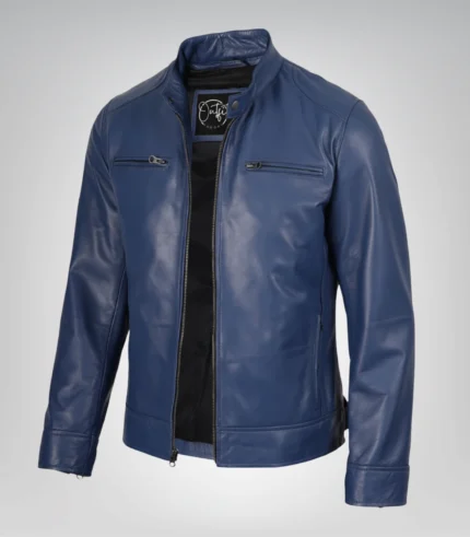 Men’s classic blue leather biker jacket