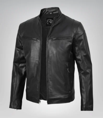 Men’s classic black cowhide leather biker jacket