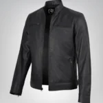 Matte black men’s leather motorcycle jacket in premium finish