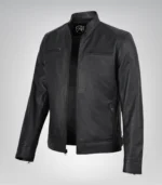 Matte black men’s leather motorcycle jacket in premium finish