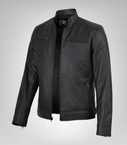 Matte black men’s leather motorcycle jacket in premium finish