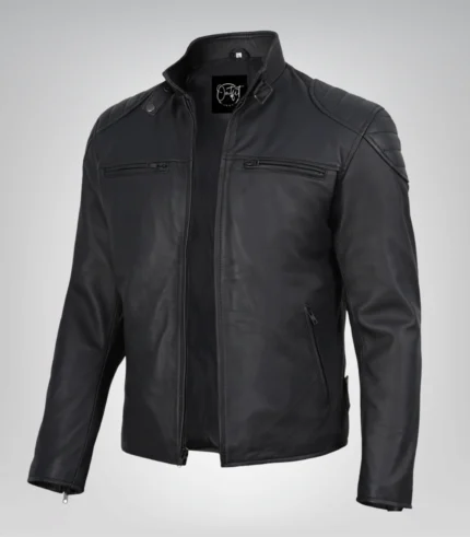 Men’s genuine leather biker jacket in matte black finish
