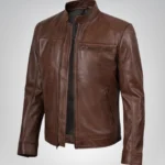 Cognac men’s leather motorcycle jacket in premium finish