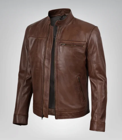 Cognac men’s leather motorcycle jacket in premium finish