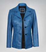 Women’s long blue waxed leather coat designed with three-button front