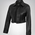 Black cropped women’s leather jacket with classic button-up closure
