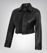Black cropped women’s leather jacket with classic button-up closure