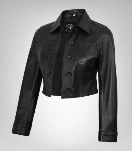 Black cropped women’s leather jacket with classic button-up closure