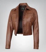 Women’s cropped leather jacket in cognac brown