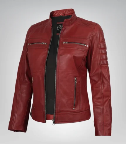 Women’s real leather biker jacket in waxed red finish