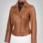 Women’s tan belted biker-style leather jacket with asymmetrical front