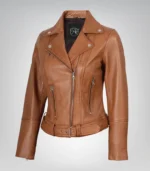 Women’s tan belted biker-style leather jacket with asymmetrical front