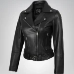 Women’s black leather biker jacket with asymmetrical front and belt