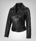 Women’s black leather biker jacket with asymmetrical front and belt