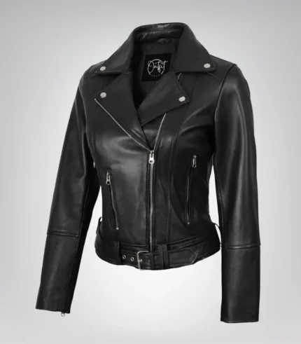 Women’s black leather biker jacket with asymmetrical front and belt