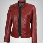 Women’s luxe red real leather biker jacket with premium finish