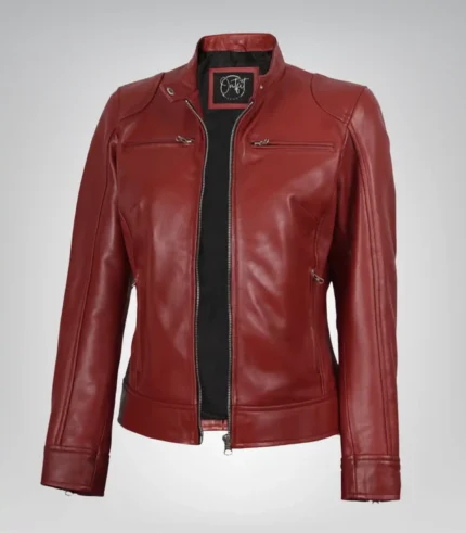 Women’s luxe red real leather biker jacket with premium finish