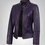 Women’s purple leather biker jacket with contemporary fit