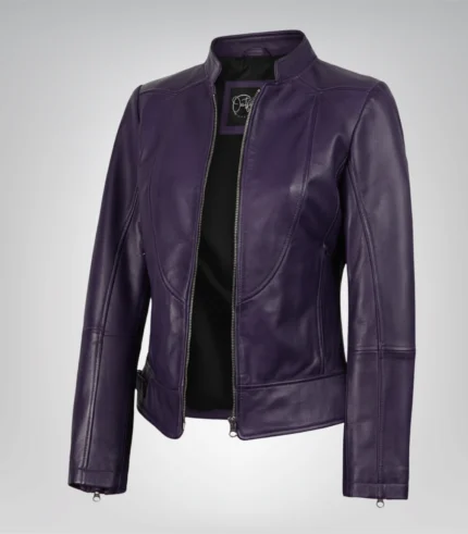 Women’s purple leather biker jacket with contemporary fit