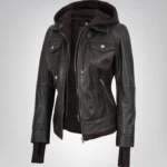 Women’s brown genuine leather bomber jacket with detachable hood