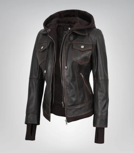 Women’s brown genuine leather bomber jacket with detachable hood