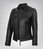 Women’s black leather moto-style jacket with gold accents