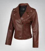 Women’s Distressed Moto-Style Leather Jacket in Cognac