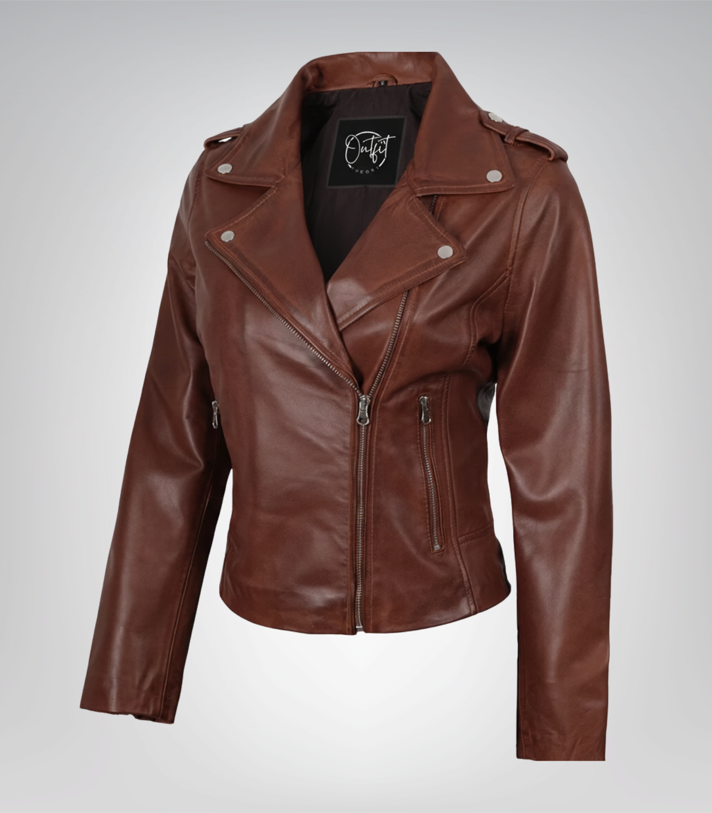 1 Women’s Distressed Moto-Style Leather Jacket in Cognac - Image 1