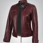 Women’s Burgundy Genuine Lambskin Moto-Style Leather Jacket