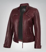 Women’s Burgundy Genuine Lambskin Moto-Style Leather Jacket