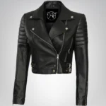 Women’s Black Cropped Moto Jacket with Asymmetrical Front