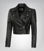 Women’s Black Cropped Moto Jacket with Asymmetrical Front