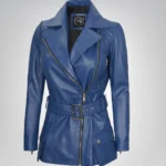 Women’s Blue Leather Biker Jacket with Asymmetrical Front and Belt