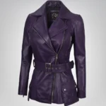 Women’s Purple Real Leather Biker Jacket with Belted Waist