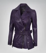 Women’s Purple Real Leather Biker Jacket with Belted Waist