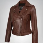 Women’s cognac leather moto jacket with asymmetrical front and waist belt