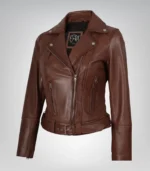 Women’s cognac leather moto jacket with asymmetrical front and waist belt