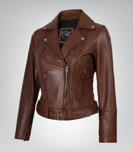 Women’s cognac leather moto jacket with asymmetrical front and waist belt