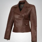 Women’s cognac leather asymmetrical moto jacket