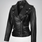 Marcella women’s black leather moto jacket with asymmetrical design