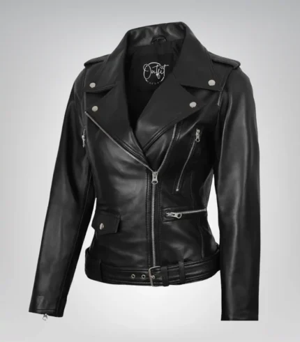 Marcella women’s black leather moto jacket with asymmetrical design