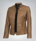 Women’s genuine camel leather motorcycle jacket