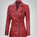 Women’s red genuine leather moto jacket with belt detail